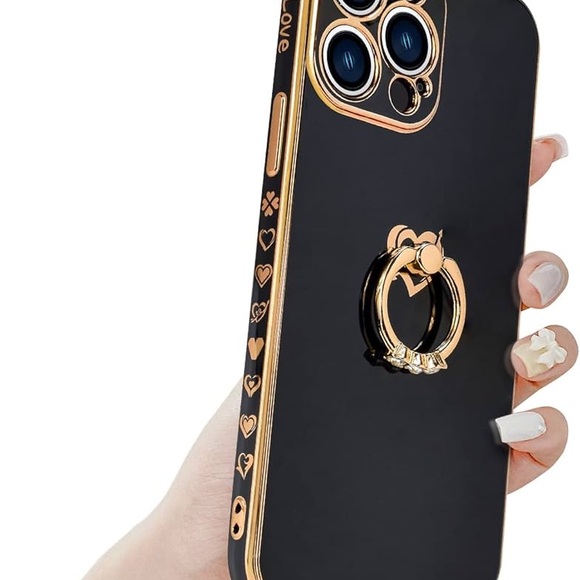Cute IPhone Case w/ Diamond Ring Kickstand Love Heart Pattern Protection Cover - Picture 2 of 6
